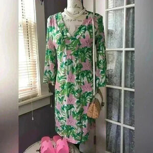 Pink and Green Lilly and Palm Print V-Neck Long Sleeve Jean-Pierre Klifa dress